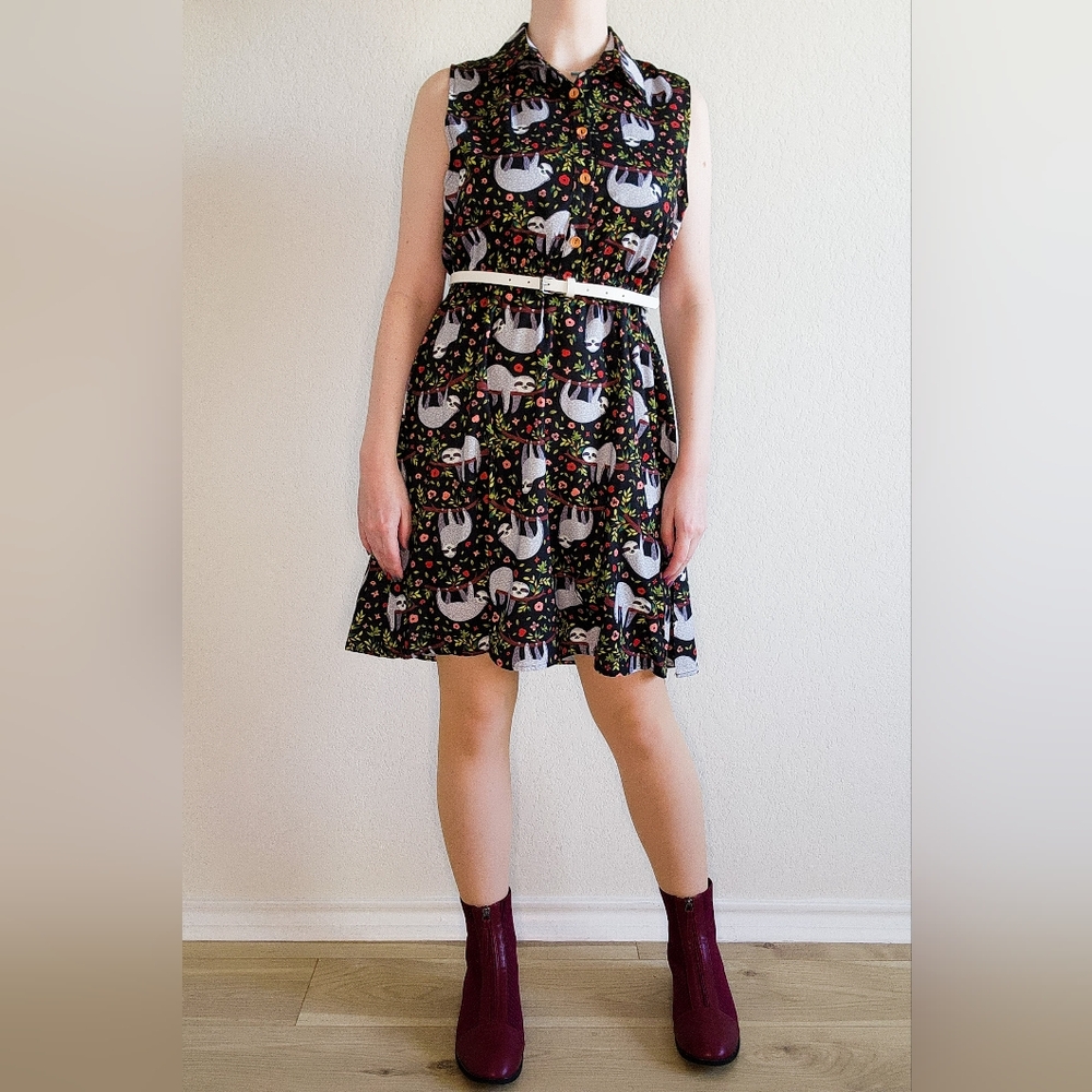 Fun Forest Woodland Sloth Animal Print Midi Dress, Size M